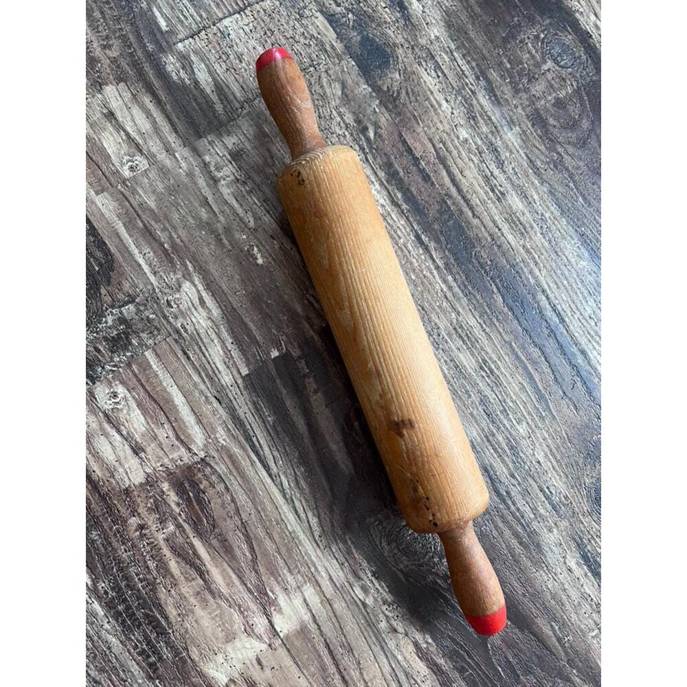 Vintage Wooden Rolling Pin with Red Handles, Rustic Farmhouse Kitchen Decor